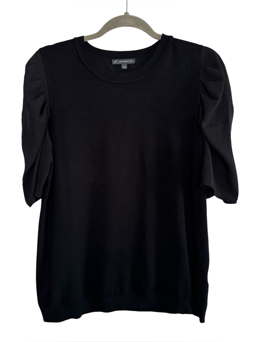 Adrianna Papell Short Puff Sleeve Black Sweater Top Size Large Career